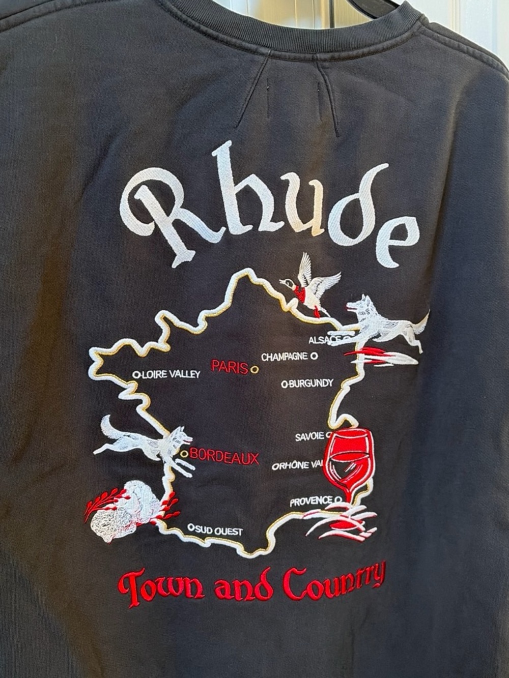 Rhude Black Sweatshirt with White and Red Embroidered Map Graphic NWOT